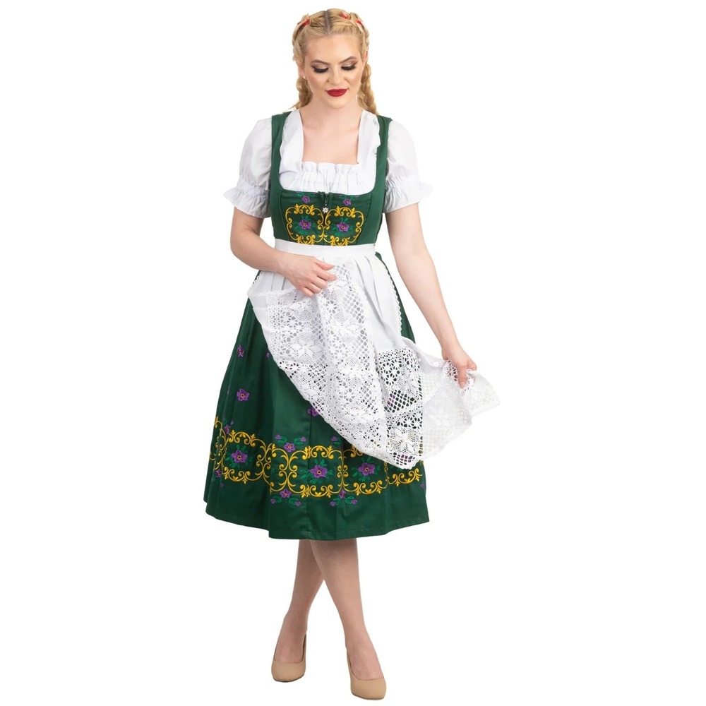 Dirndl Trachten Haus Dress Womens Size L Green Embroidered‎ Oktoberfest *read